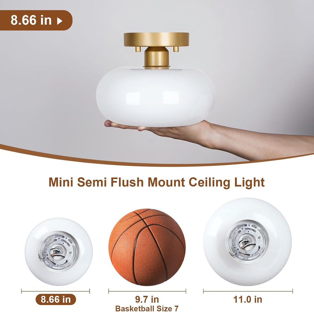 Mid-Century Modern Gold Semi Flush Ceiling Light 8.66 Inch | Mini White Glass Shade Close to Ceiling Lighting Fixture