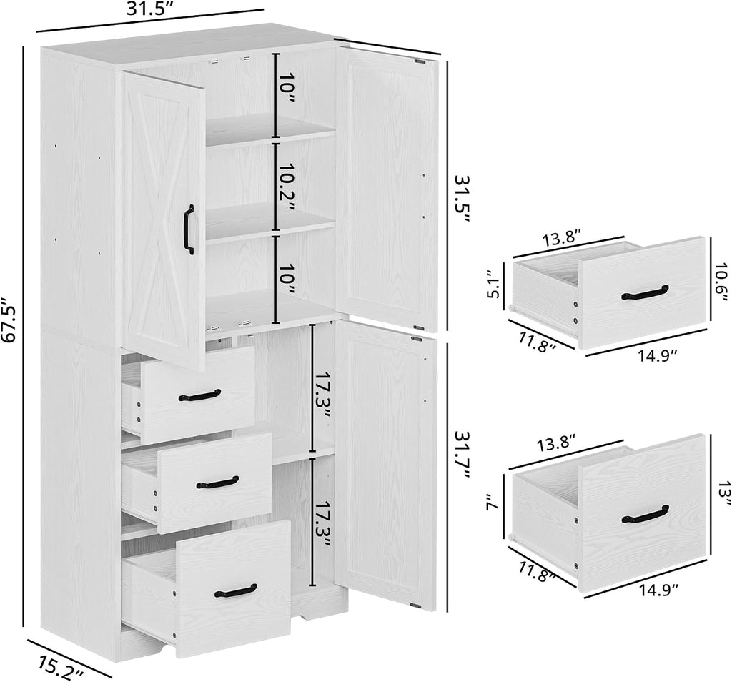 Pantry Cabinet, Kitchen Storage Cabinet with 3 Door & Drawer, White | Adjustable Shelf. 67.5inch Tall. 5 Tier