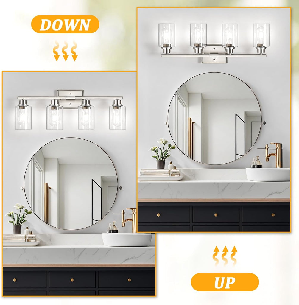 4-Light Bathroom Light Fixtures, Modern Vanity Lights with Clear Glass Shades, Brushed Nickel Bathroom Wall Lamp for