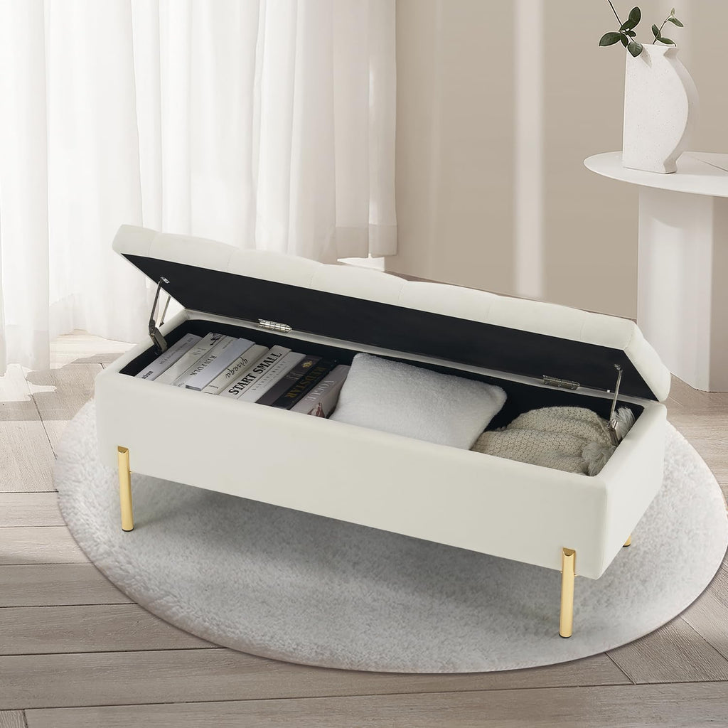 Velvet Storage Bench Ottoman,Versatile Seating with Hidden Storage,End of Bed Bench,Tufted Bench ,Ivory