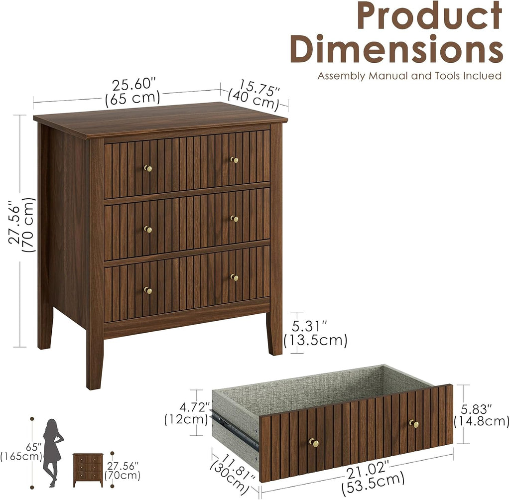 Night Stand, Fluted 3 Drawer Wide Farmhouse Nightstand with Gold Handle, Larger Wider Modern Bedside End Table