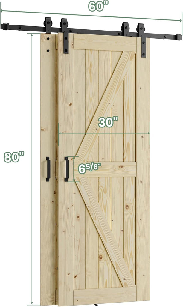 Double 30x80 in Door, for 51"x80" Opening, Solid Wood Panelled Bypass Barn Door with Sliding Hardwar