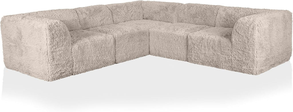 Havyn Modern Faux Fur 5-Seater L-Shaped Modular Foam Sectional Sofa, Compressed Couch in a Box, No Assembly Required