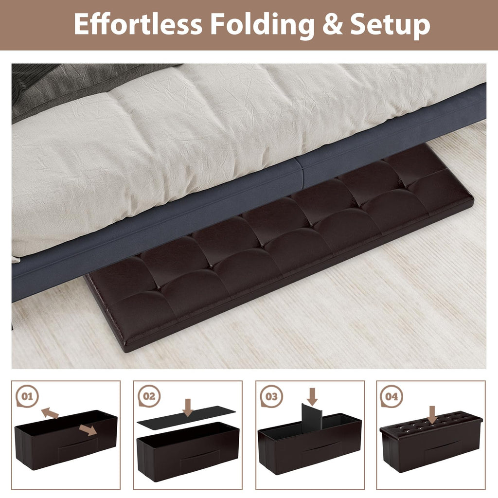 43 Inches Folding Storage Ottoman Bench, Upholstered PU Leather Storage Chest with Side Pocket, Padded Seat, End of