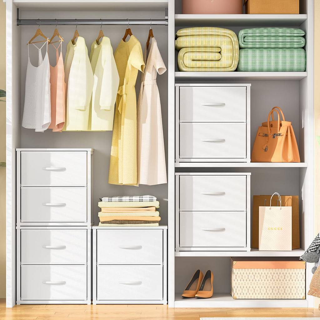 2-Pack Stackable Storage Drawers (4 Drawers Total), White Closet Organizer with Wooden Top & Metal Frame