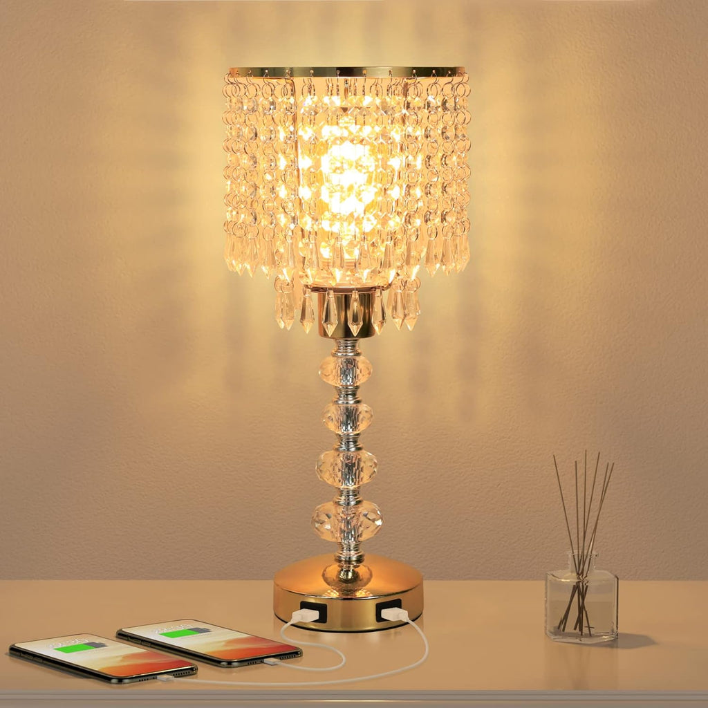 Crystal Table Bedside Lamp Touch Control, 3-Way Dimmable Small Nightstand Lamp with 2 USB Charging Ports