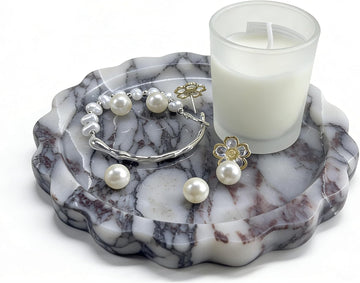 Decorative Marble Tray-6.2 in Round Stone Vanity Tray for Perfume & Jewelry | Scalloped Edge, Calacatta Viola Natural