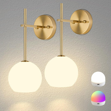 Gold Battery Operated Wall Sconces Set of 2, Rechargeable Wireless Wall Lights with Milky White Frosted Glass Shade