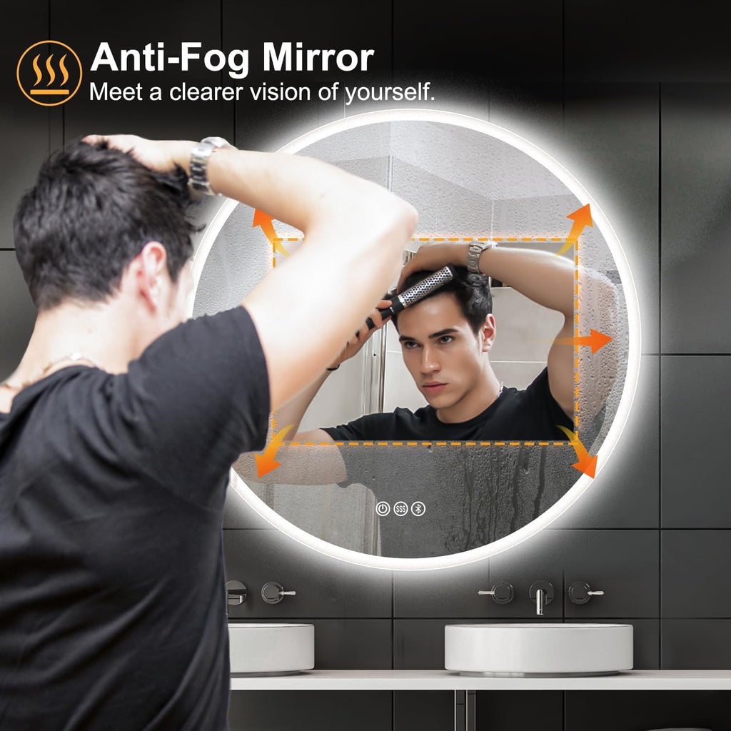 S·BAGNO 36’’ Round LED Bathroom Mirror with Lights, Backlit and Front Lighted, Anti-Fog Wall-Mounted Vanity