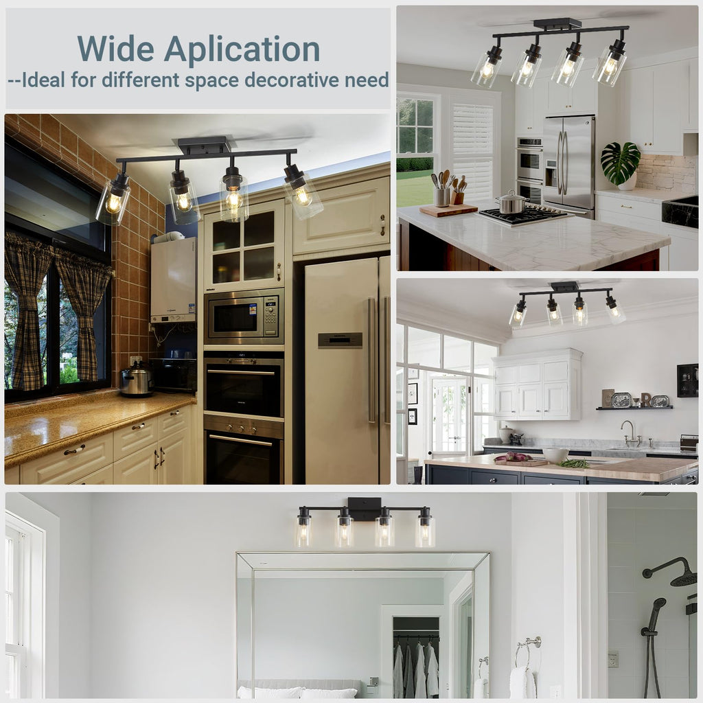 4 Light Kitchen Track Light Fixtures Ceiling Vanity Lights Black, Bathroom Track Lighting Kit w/Rotatable Heads &