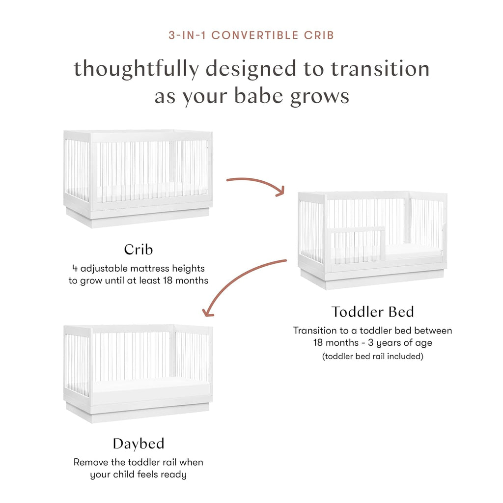 Harlow Acrylic 3-in-1 Convertible Crib with Toddler Bed Conversion Kit in White with Acrylic Slats, Greenguard Gold