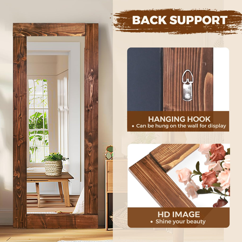 58x24in Full Length Mirror, Solid Wood Convex Frame, Brown