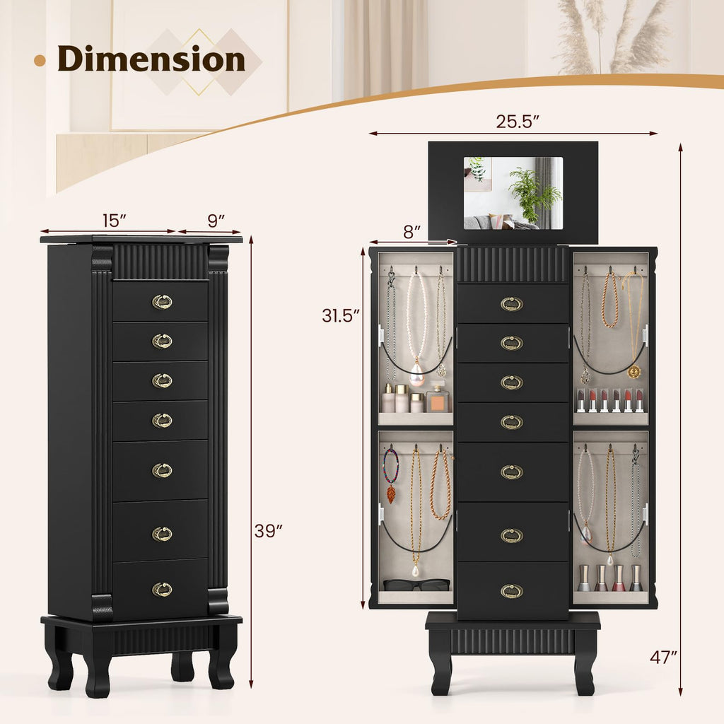 Standing Jewelry Cabinet with 7 Drawers, Flip-Top Mirror, Black