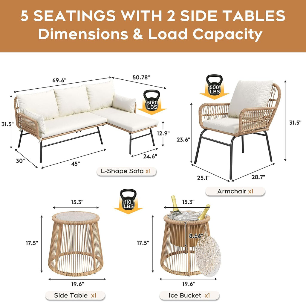 6-Piece Boho Outdoor Patio Furniture Set, L-Shaped Wicker Sectional Sofa with Ice Bucket Table & High Back, Sturdy