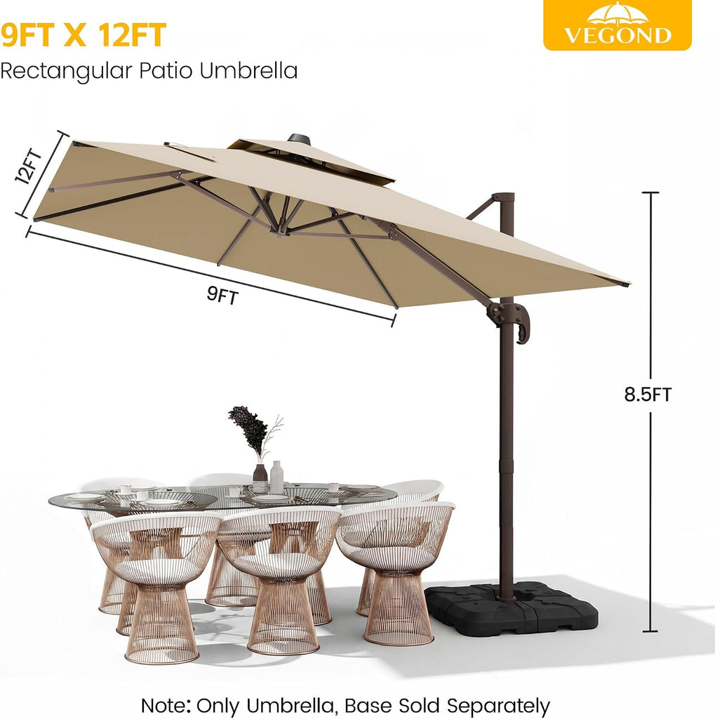 9x12 FT Patio Cantilever Umbrella (Base Not Included), Rectangular Heavy Duty Offset Umbrella for 6-8 People