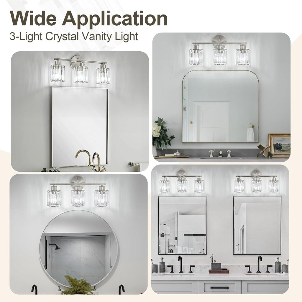 Modern Brushed Nickel Crystal Bathroom Light Fixtures,3-Light | Bathroom Lighting Fixtures over Mirror,Vanity Lights