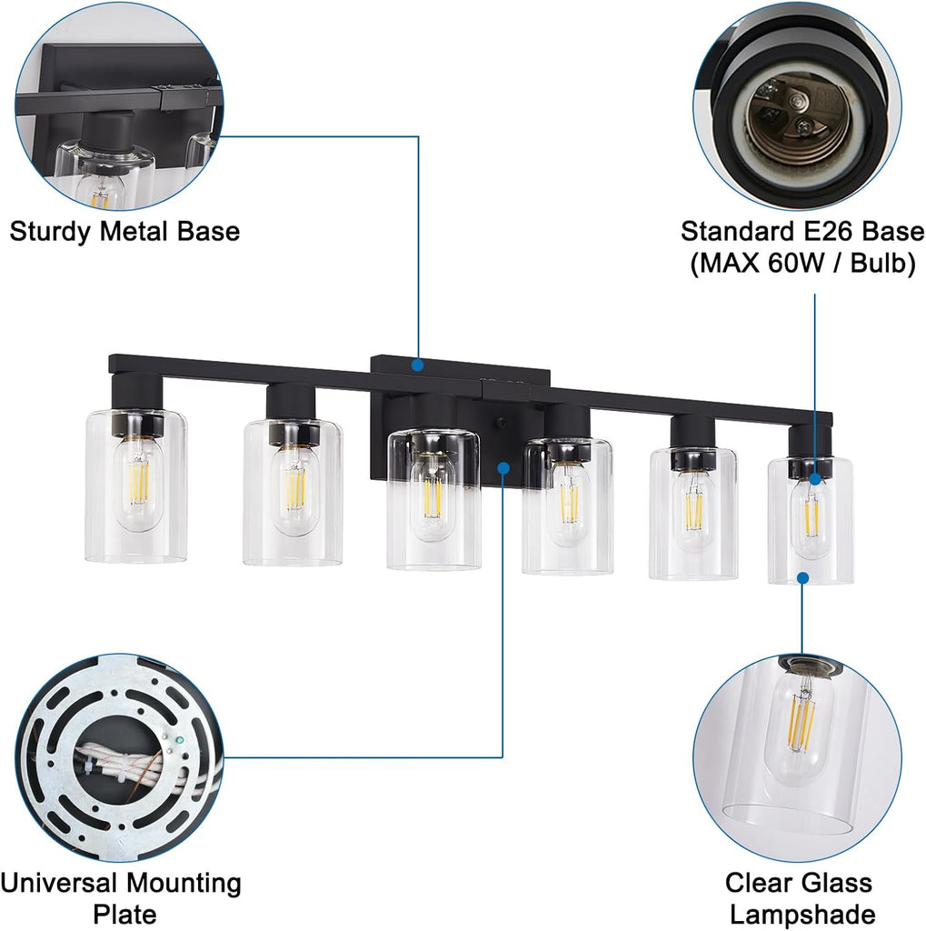Black Bathroom Light Fixtures, 6-Light Bathroom Lighting Fixtures Over Mirror with Clear Glass Shade, Matte Black