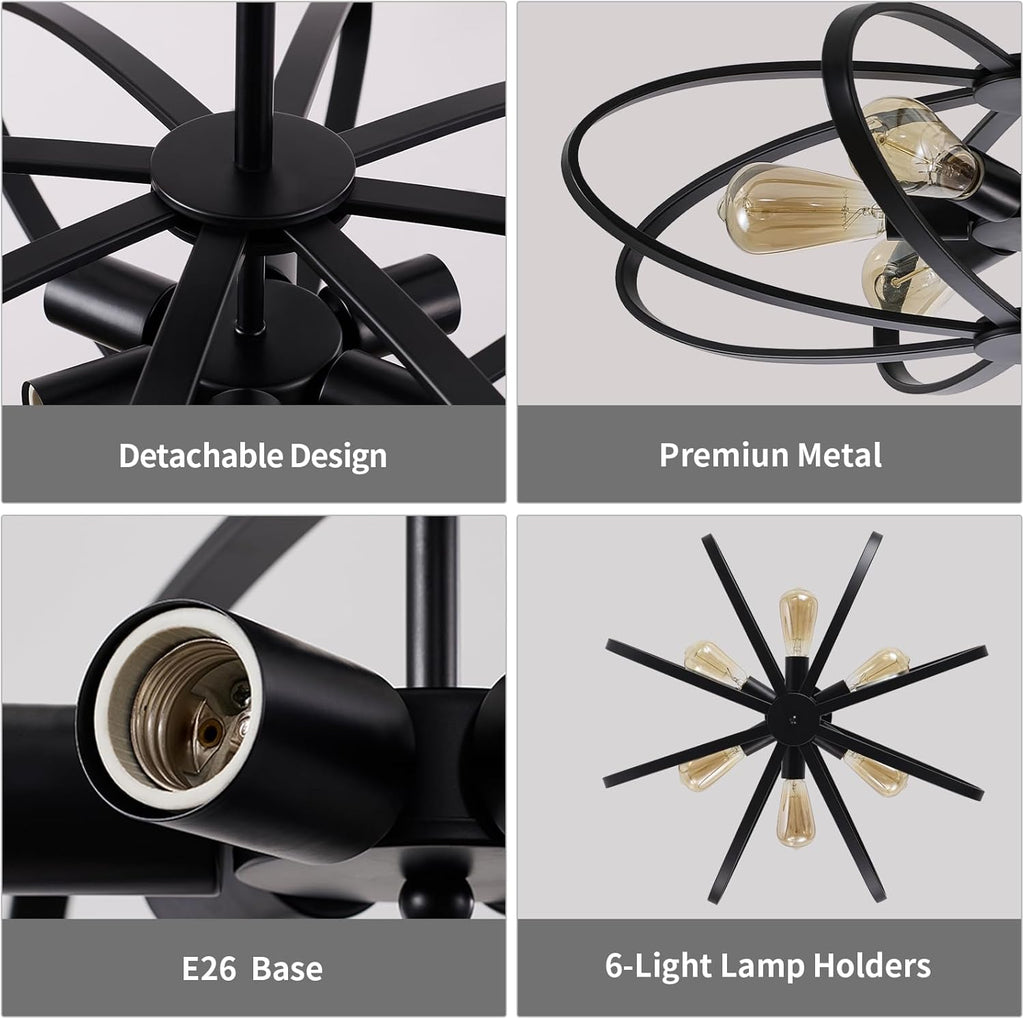 Semi Flush Mount Ceiling Light Fixture Chandelier 6-Light Kitchen Ceiling Lights 25'' Black Farmhouse Chandelier
