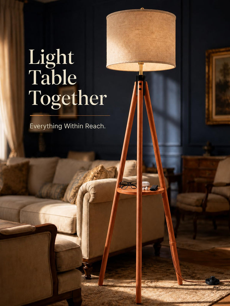 Mid Century Solid Wood Tripod Floor Lamp with Tary & Remote Control