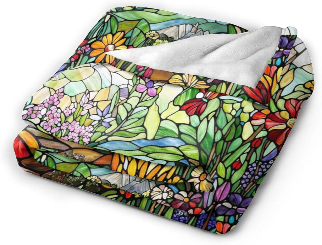 Colorful Boho Wildflower Stained Glass Throw Blanket Super Soft Air Conditioning Flannel Blankets Cozy Warm Plush