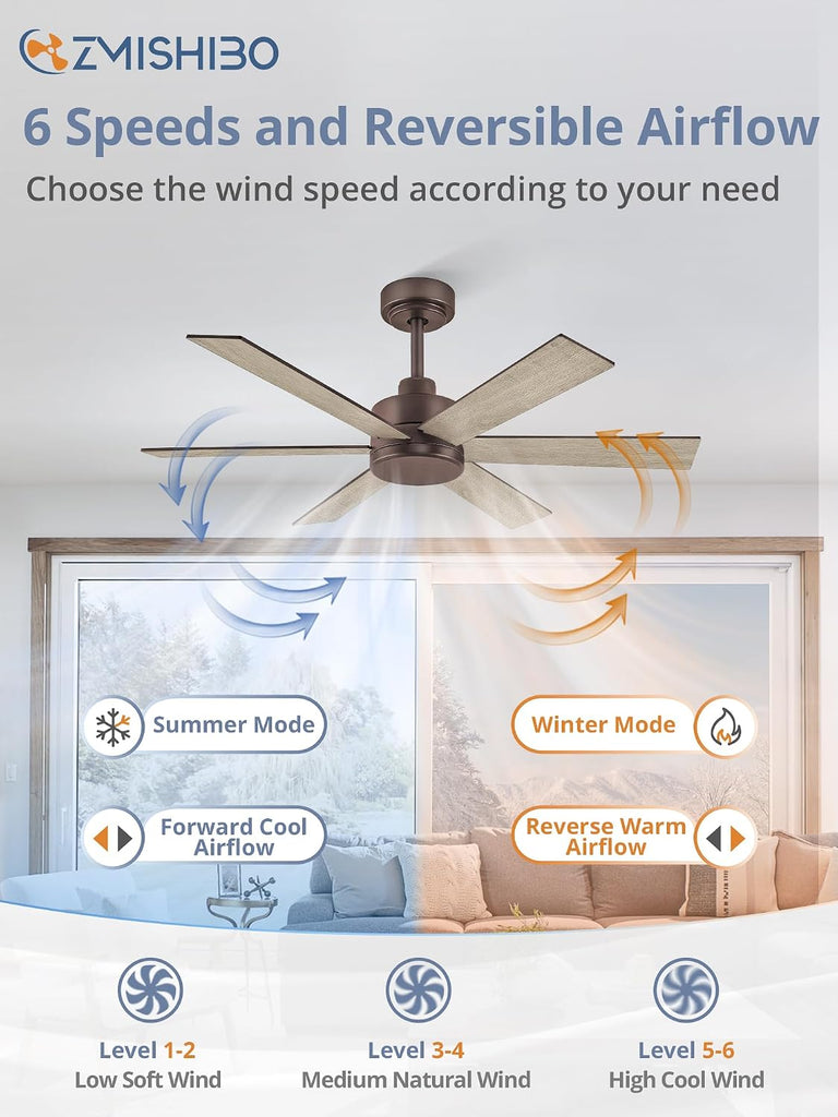 42 Inch Ceiling Fans No Lights, Farmhouse Rustic Ceiling Fan Without Light, 6 Blades, Quiet Reversible DC Motor