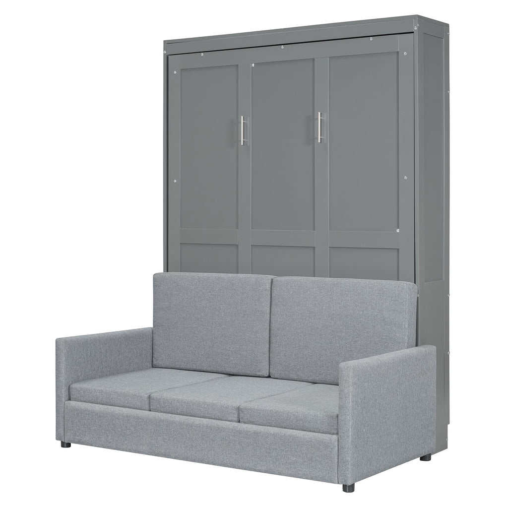 Full Size Murphy Bed, Wooden Full Murphy Bed with Cushion, Wall Bed with Sofa or Small Room, Gray