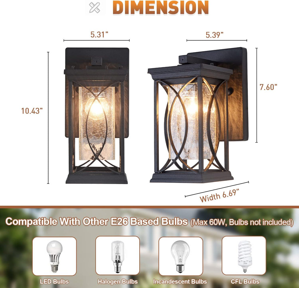Dusk to Dawn Outdoor Wall Lanterns Small Modern Exterior Light Fixture Aluminum with Crack-Like Glass