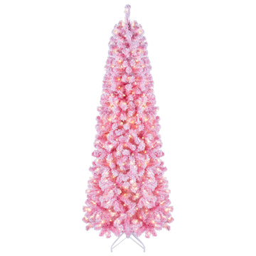 7ft Pink Pre-Lit Flocked Christmas Trees, Hinged