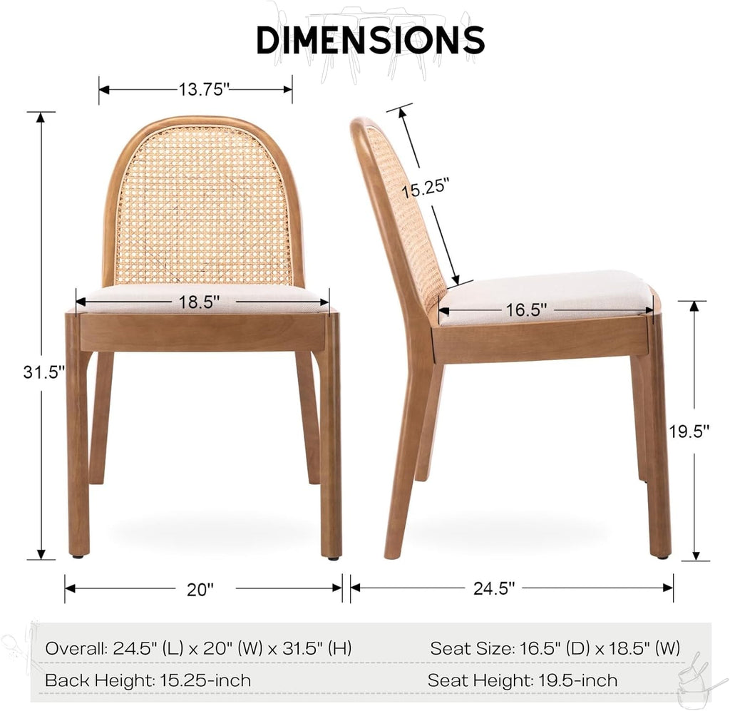 Rattan Dining Chairs Set of 2, Upholstered Linen Dining Room Chairs with Backrests, Modern Kitchen Chairs with Wood