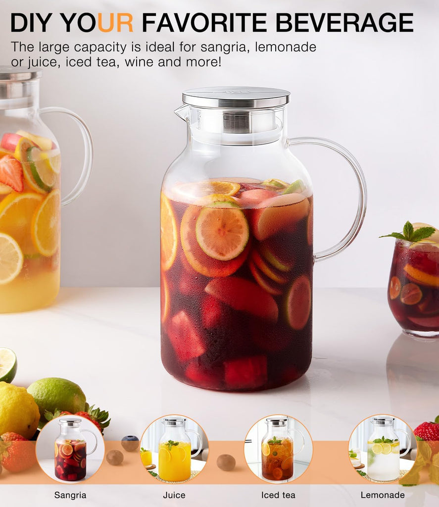 LUNA&MANTHA 1 Gallon Glass Pitcher with Lid and Spout, 128oz Water Pitcher with Handle for Fridge, Large Iced Tea Jug