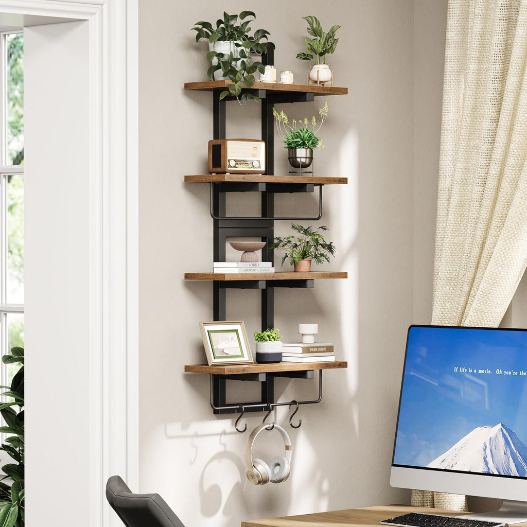 Floating Shelves for Wall Set of 2, Wood Wall Shelf with 6 Hooks, 2 Tier Hanging Decorative Storage Shelves Bedroom