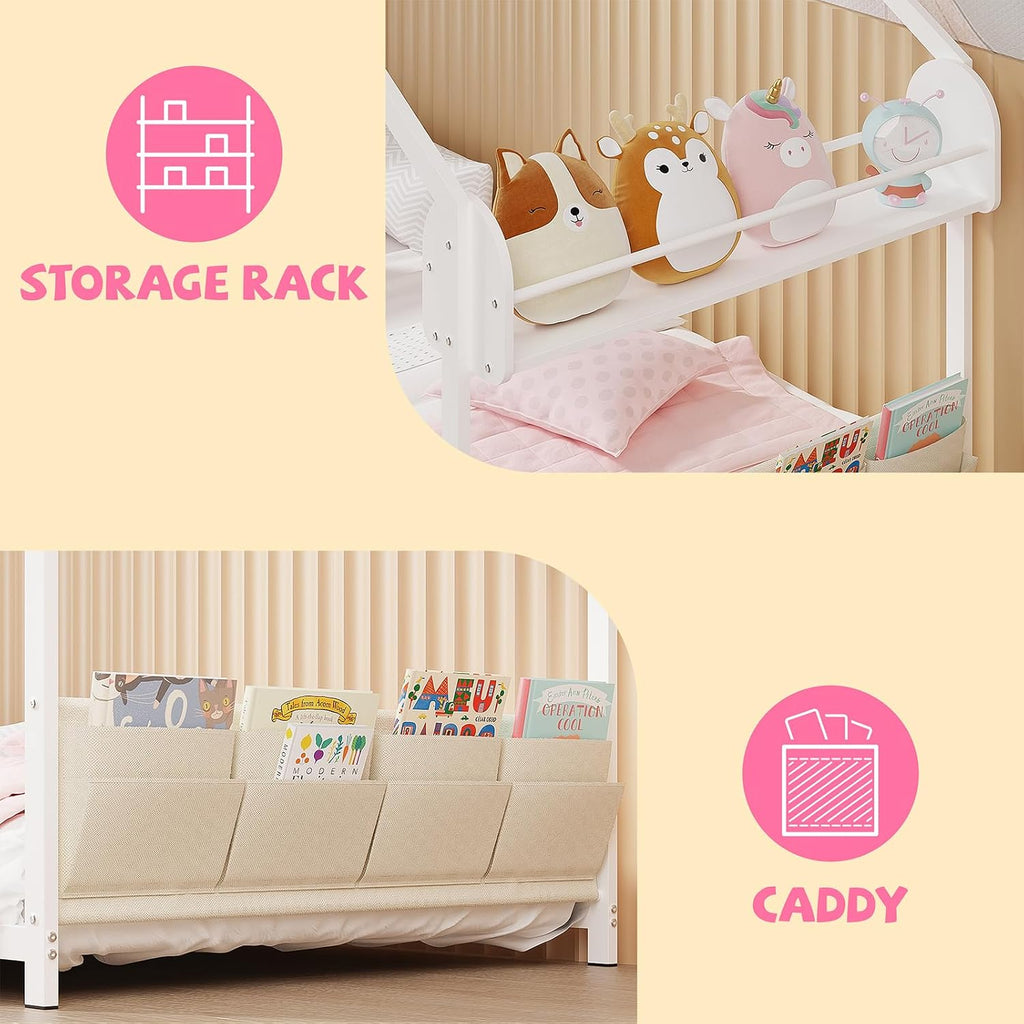 Twin Size House Bed with Storage Rack and Caddy | Montessori House Shape Bed Metal Floor Bedframe for Kids No Box