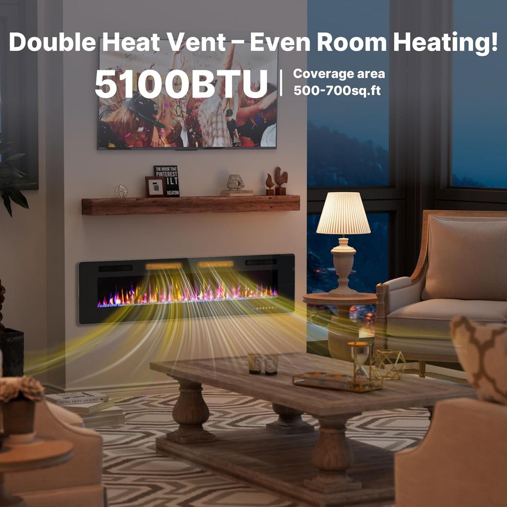 60" Ultra Thin Electric Fireplace Insert-ETL Certified, Recessed/Wall Mount, 3D Flame with Crystal