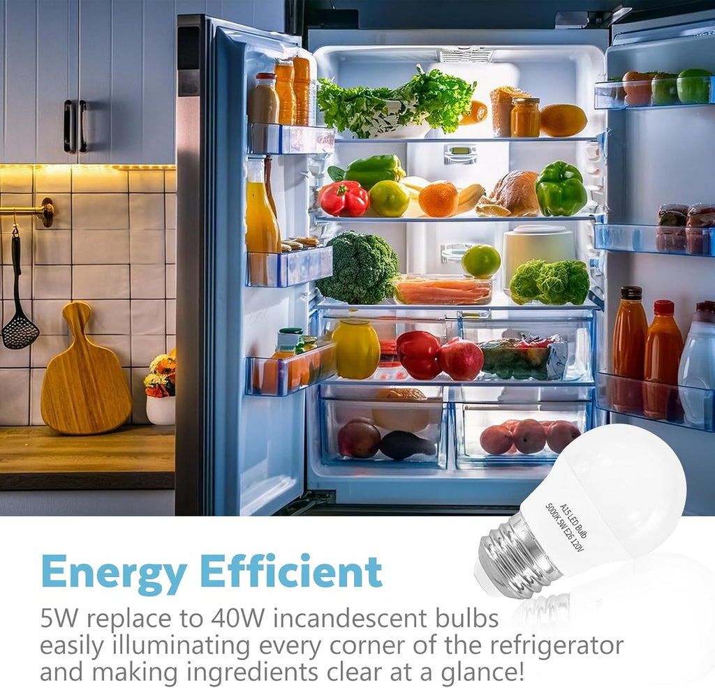 LED Refrigerator Light Bulb 2 Pack，Daylight White 5000K 120V 40W Equivalent Appliance Bulb，A15 5W E26 Base Waterproof