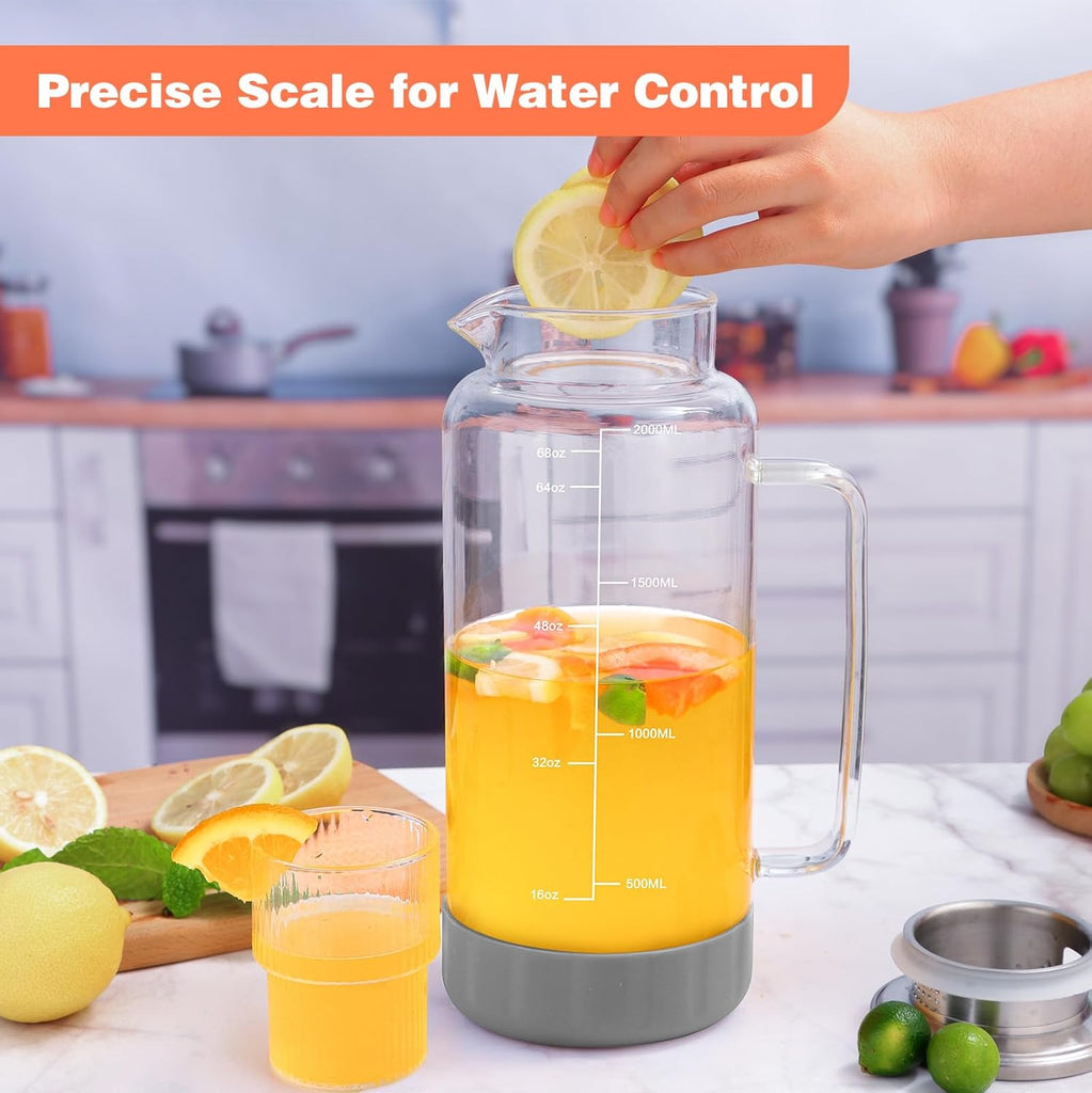 68oz Glass Pitcher with Lid, 2 Liter Water Carafe with Silicone Base and Precise Scale Line, Ice Tea Pitcher for