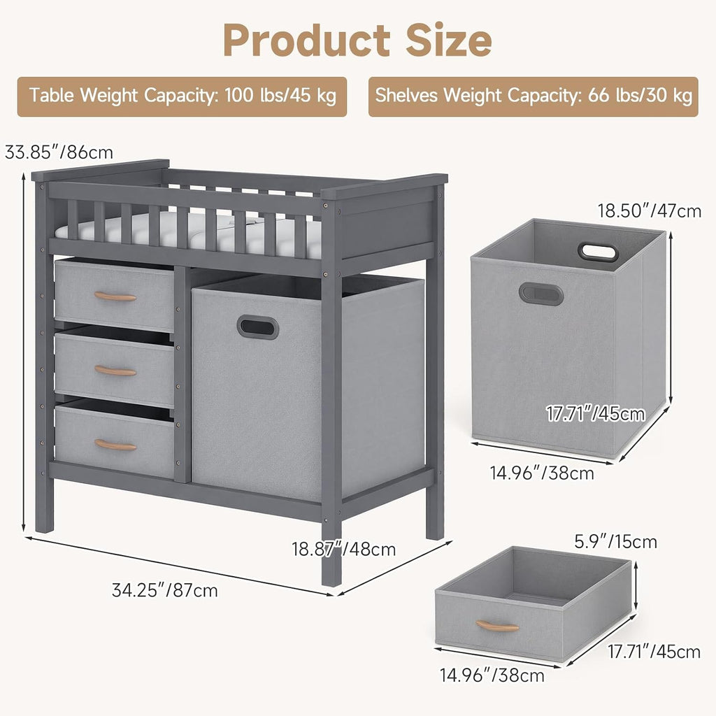 Wooden Baby Changing Table with Comfy Changing Pad, 3 Fabric Drawers, Laundry Hamper, Safety Belt, Diaper Station