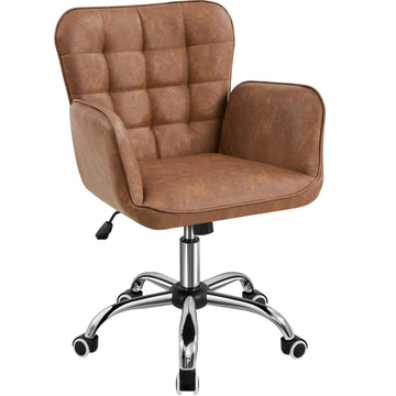 Tufted Retro Brown Faux Leather Swivel Vanity Desk Chair