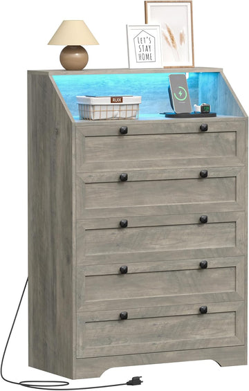 Grey Dresser Tall 5 Drawer Dresser , Wood Chest of Drawers with LED Lights, Charging Station, Metal Handles, Modern