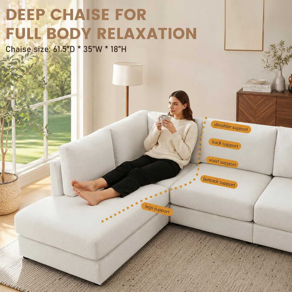 100" L-Shaped Sectional Couch with Reversible Deep Chaise, Beige