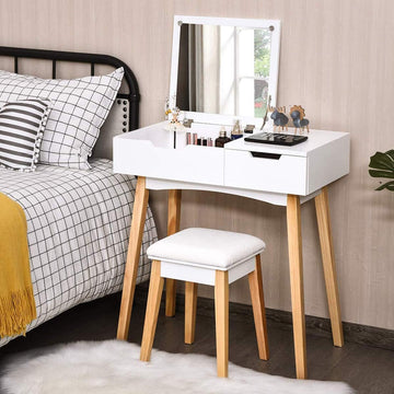 Vanity Table with Flip Top Mirror and Stool, Wooden Makeup Table Writing Desk with Drawer, Storage Compartment