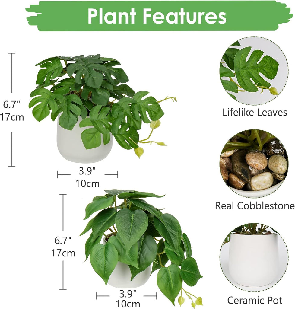 Fake Plants Set of 2 Artificial Plants Faux Pothos with White Ceramic Pots Fake Potted Plants Artificial Decor