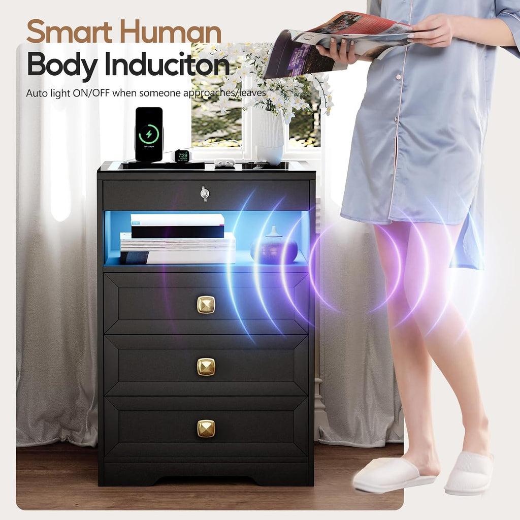 Smart Nightstand with Lockable Gun Drawer,Farmhouse Bedside Table with Charging Station and 3 LED Lights, Modern