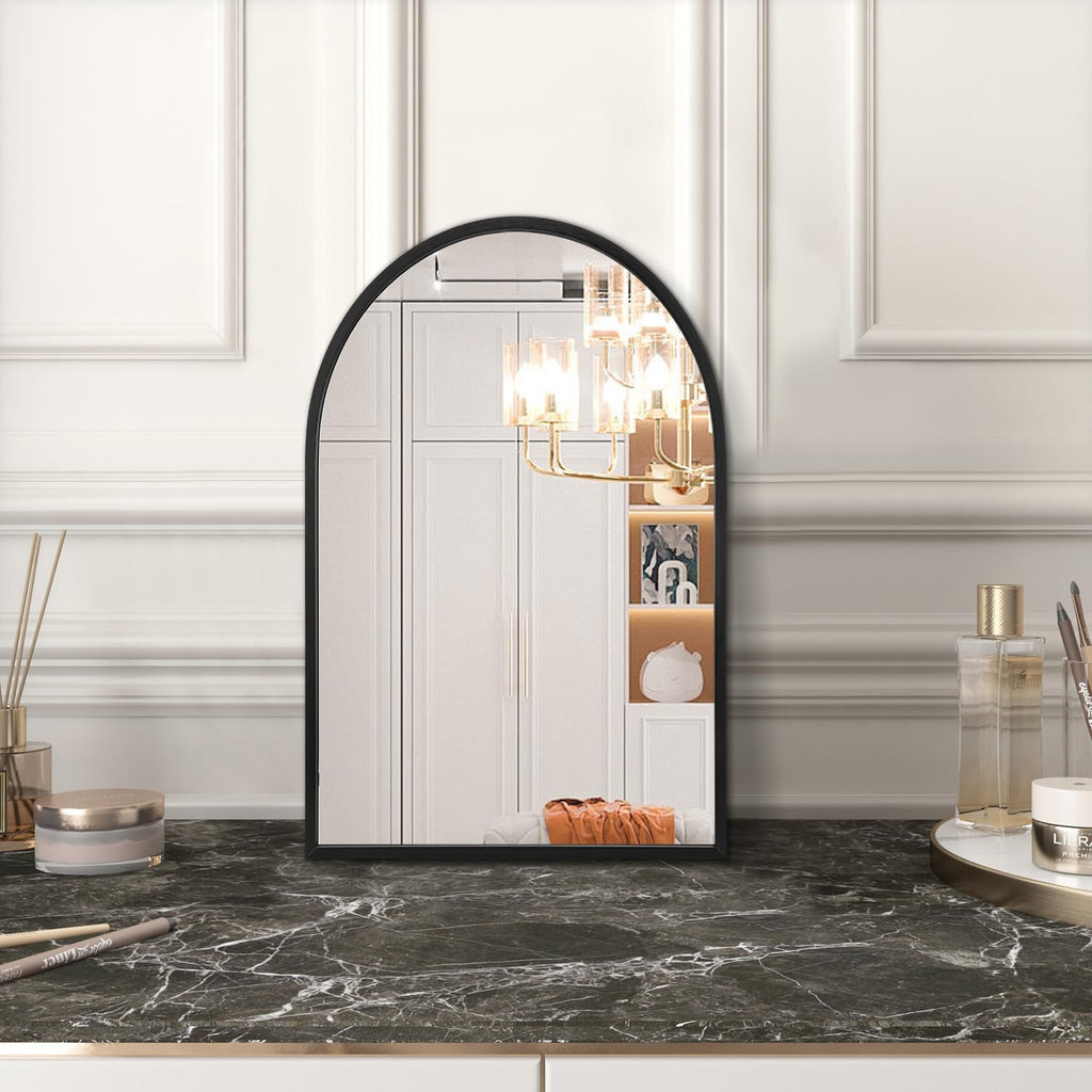 Black Arched Wall Mirror Aluminum Alloy Frame Bathroom Mirror Brushed Metal Vanity Wall Mounted Mirror Bedroom