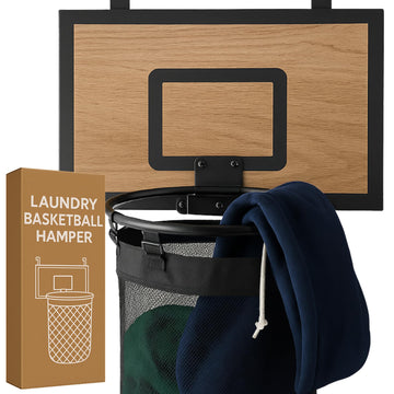 Basketball Laundry Hamper - Wooden Backboard & Mesh Hoop Laundry Basket - Over Door Hanging Organizer for Kids