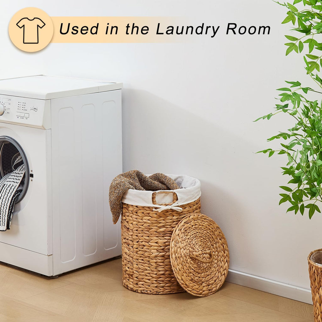 Round Water Hyacinth Laundry Hamper with Lid Handwoven Wicker Basket with Handles for Dirty Clothes, Storage, and