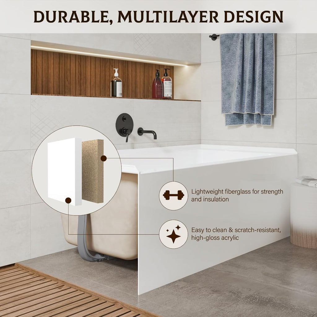 60 x 32 in Acrylic Alcove Bathtub，Glossy White Soaking Tub with Integral Apron, Right Drain, Brushed Nickel Pop Up