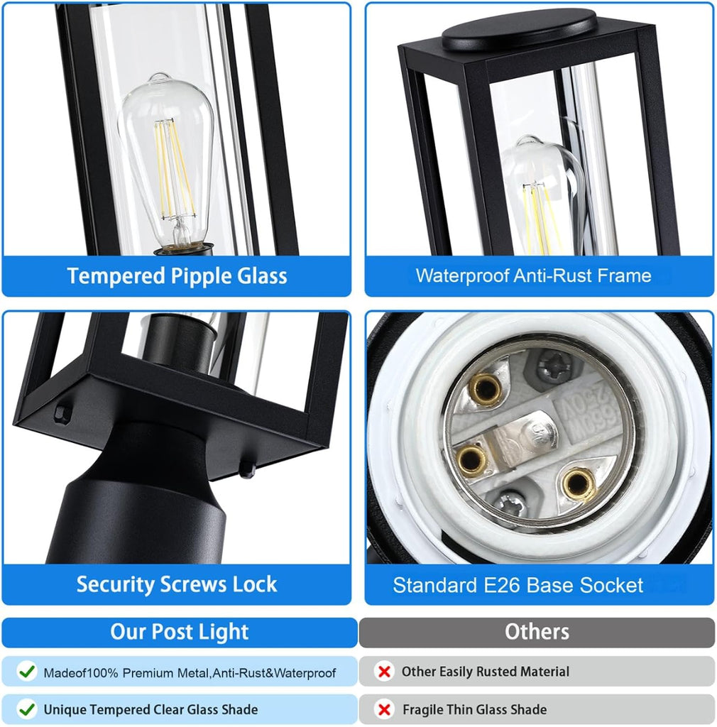 Outdoor Post Lights Lamp Post Light Fixture 2 Pack, Modern Black Exterior Post Lantern Fixture with Tempered Glass