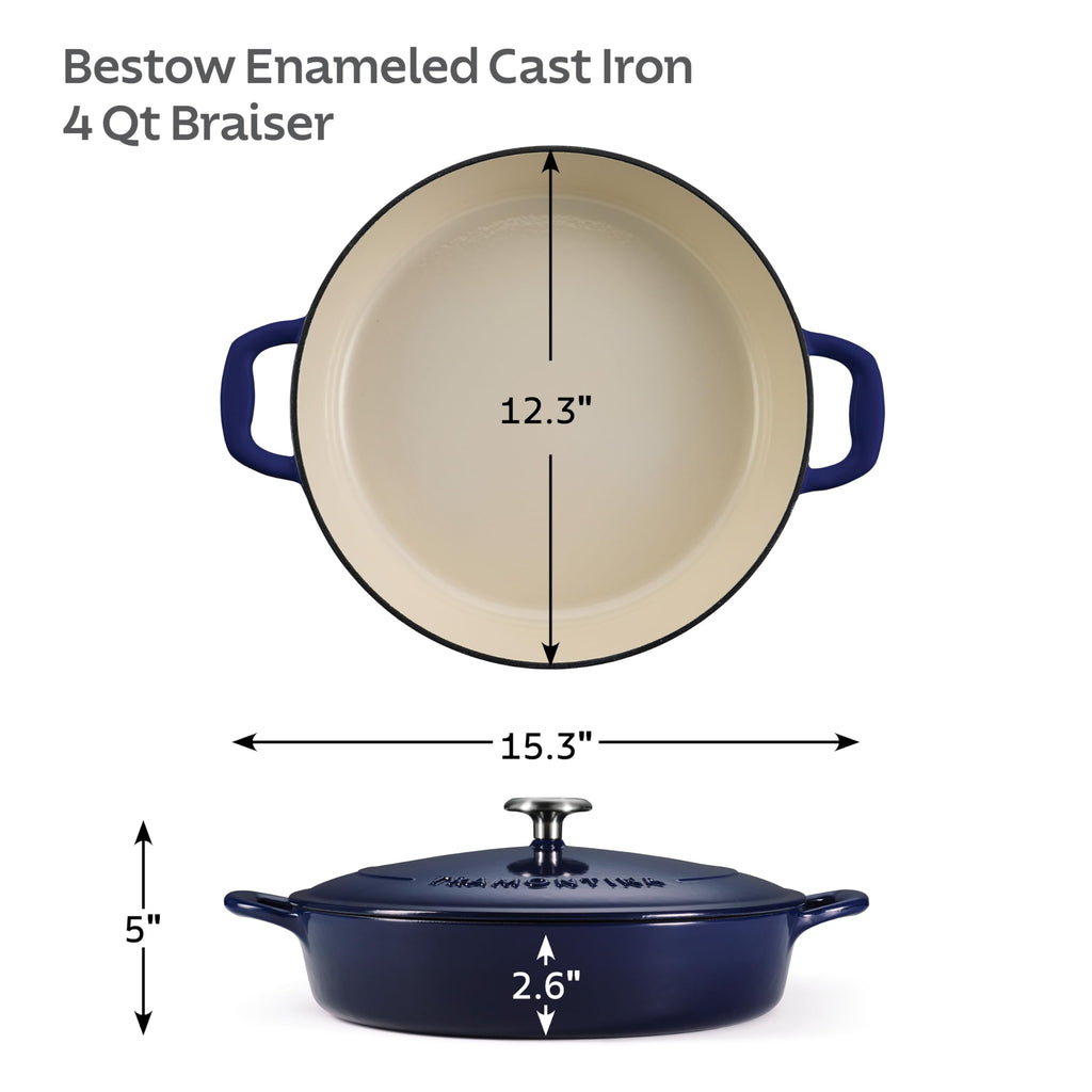 Bestow Enameled Cast Iron 4-Qt Braiser Pan with Lid, Blue