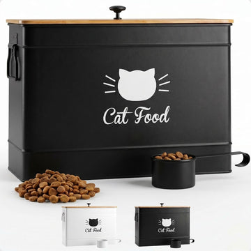 Metal Cat Food Container with Scoop, 15lb (50 Cup) w/ Airtight Bamboo Lid