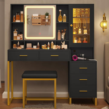 Makeup Vanity with Upholstered Stool & Charging Station, Vanity Desk with Mirror and Lights & Jewelry Storage, Vanity